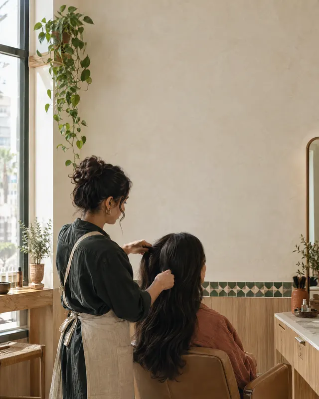 Styliste terminant une coupe dans un salon lumineux de Casablanca